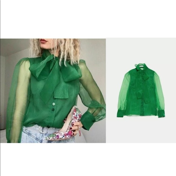Zara Tops Zara Green Organza Blouse With Bow Semi Sheer Poshmark